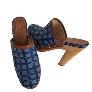 COACH Signature Bacall Wood Clogs Blue Fabric Heels Size  Size 9